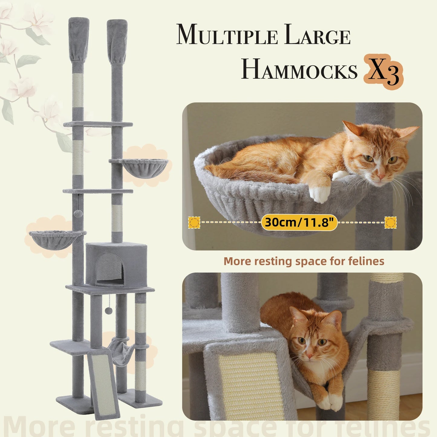 Cactus Cat Tree Floor to Ceiling, Cat Tower 7 Tiers, Cat Climbing Tree with Cozy Hammocks and Condos 5 Platforms, Scratching Posts