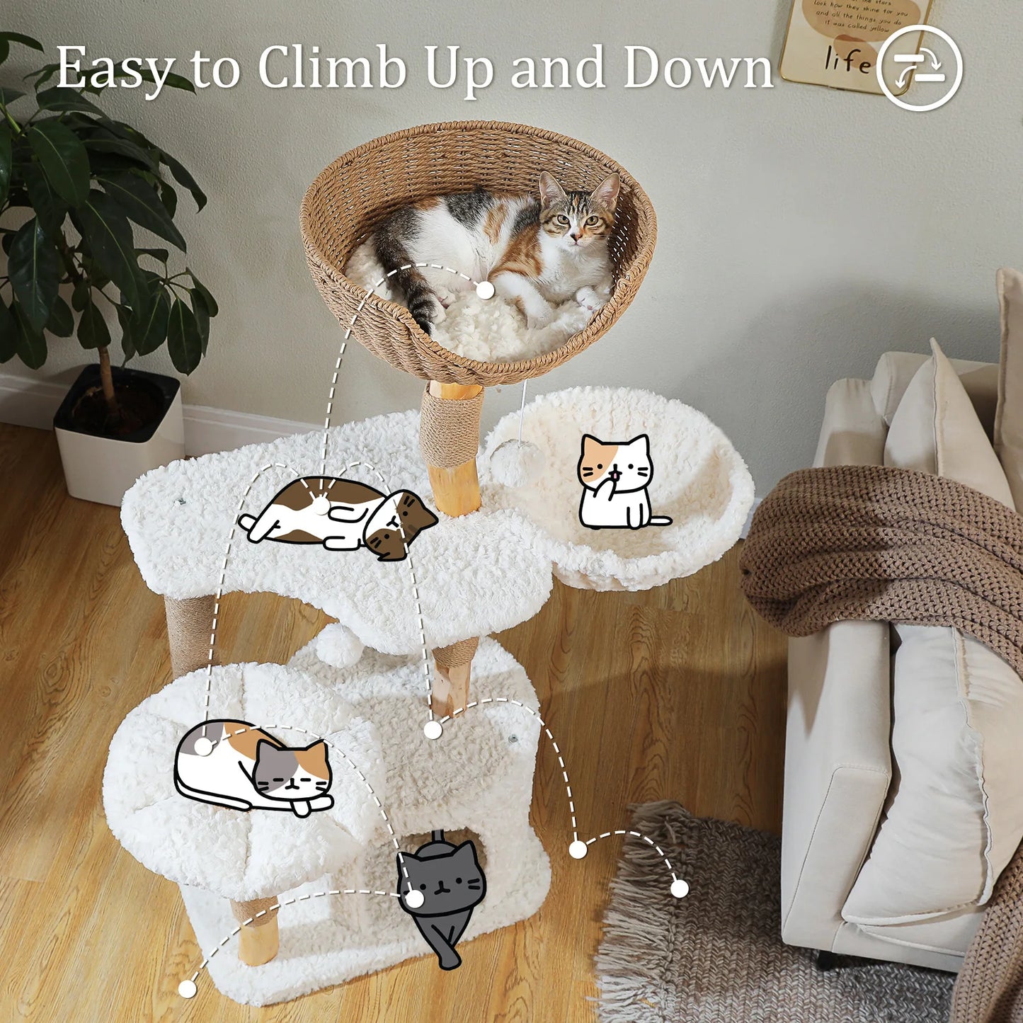 Solid Wood Cat Tree, Modern Cat Tower with Spacious Cat Condo, Flower Perches, Fun Pompom, Double Comfort Perfect for Indoor Kittens