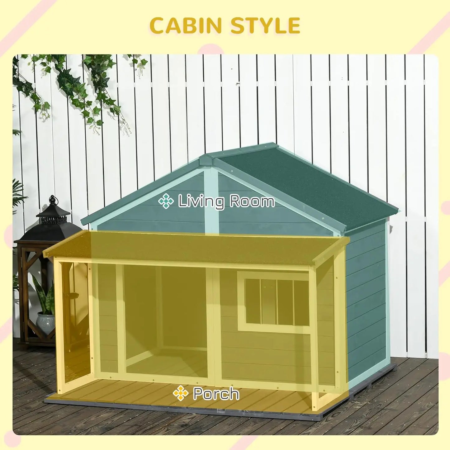 Outdoor Dog House Cabin Style, Wooden Raised Pet Kennel with Asphalt Roof, Front Door, Side Window, Porch for Medium and