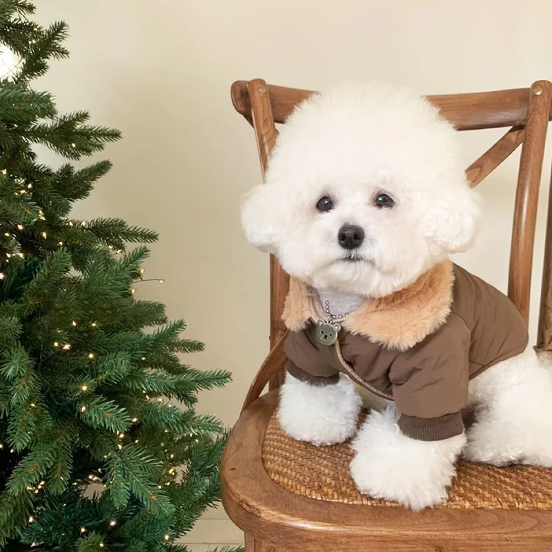 Winter Dog Clothes Luxury Bear Print Fur Collar Windproof Jacket, Chihuahua, Yorkies ,Warm Coat Puppy Outfit ,Clothing Pet Costume