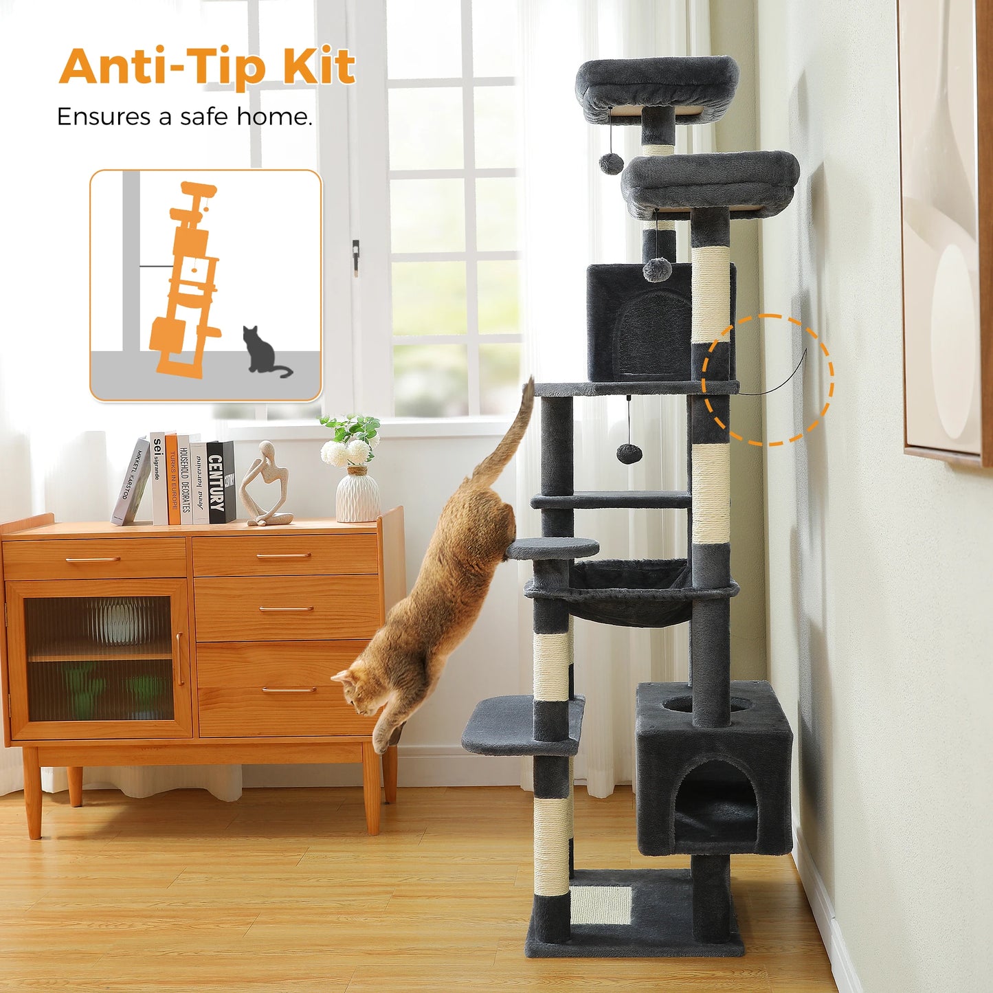 Multi-Level Cat Tree Tower with Scratching Posts &  Board , Hammock, Cat Condo, Spacious Top Perch,Dangling Balls for Indoor Cats