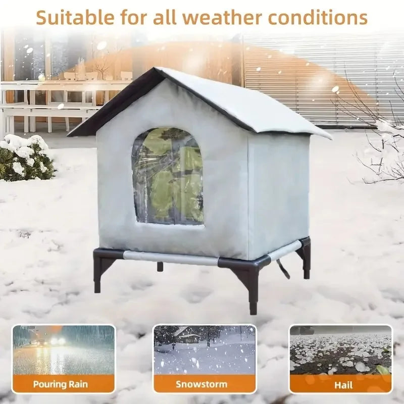Large Outdoor Insulated Cat & Dog House -Winter Warm Elevated Shelter with Curtain Roof, Sturdy Zipper-Access Door & Stable Base