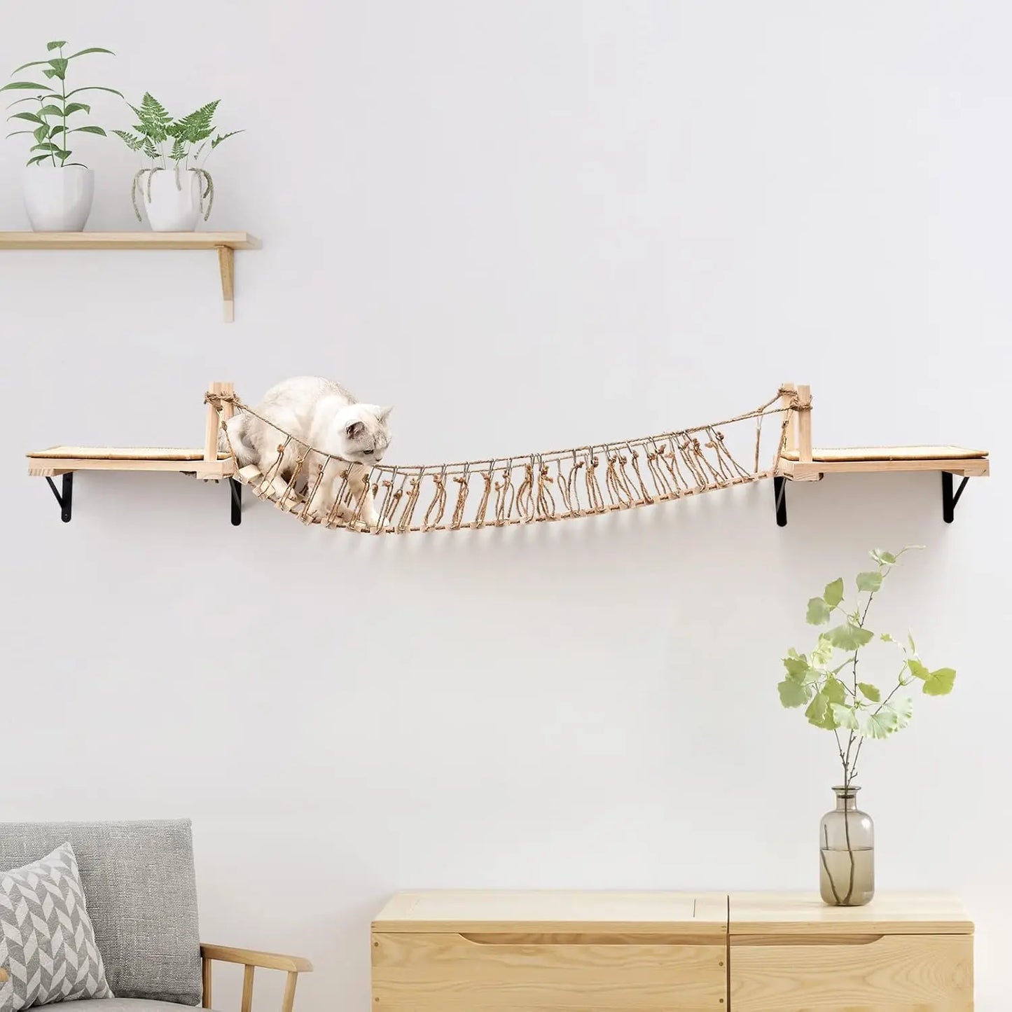 Wall-Mounted Cat Roped Bridge Long for Indoor Cats, Cat Wall Shelves for Sleeping, Playing, Climbing, Wooden Cats Bed and
