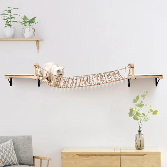 Wall-Mounted Cat Roped Bridge Long for Indoor Cats, Cat Wall Shelves for Sleeping, Playing, Climbing, Wooden Cats Bed and