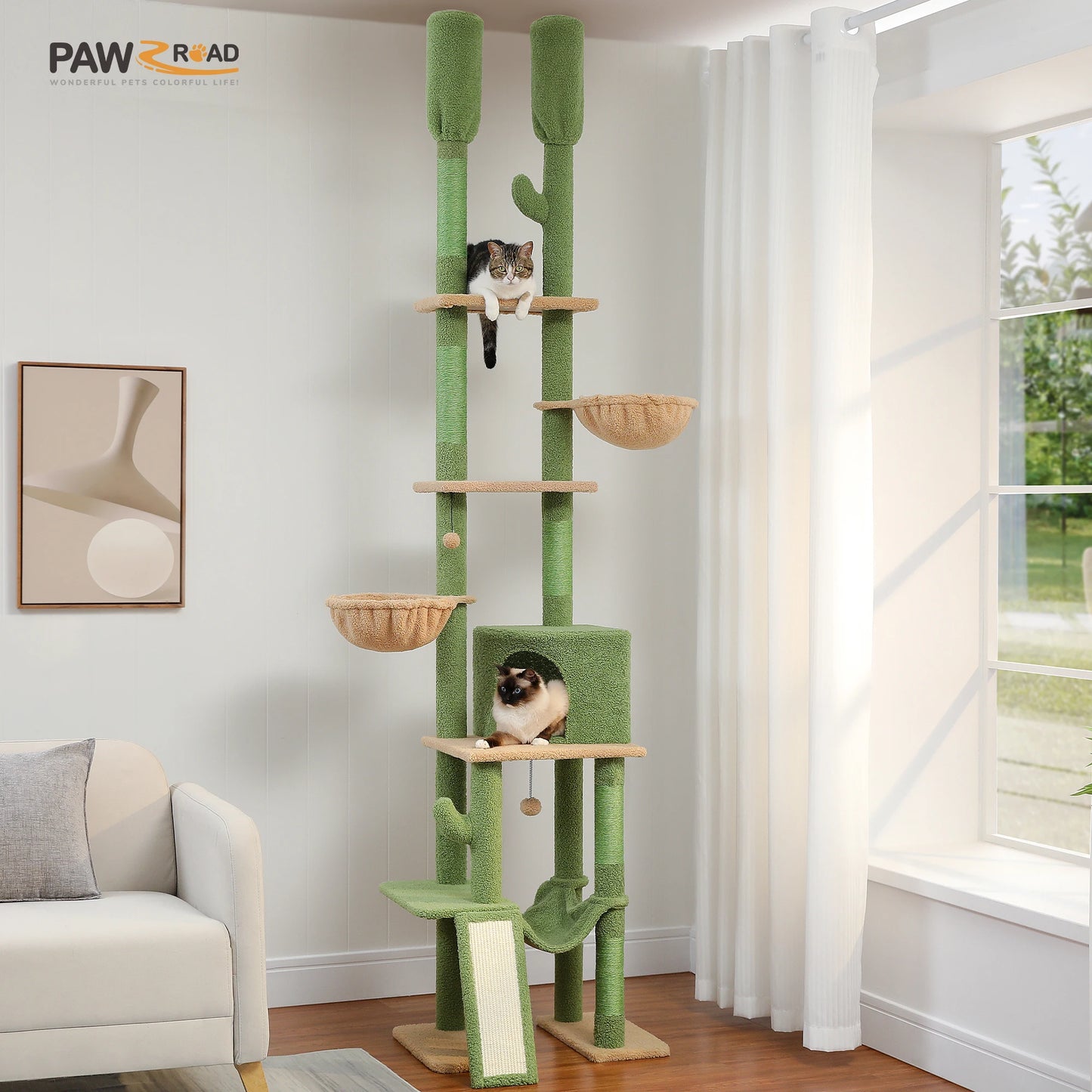 Cactus Cat Tree Floor to Ceiling, Cat Tower 7 Tiers, Cat Climbing Tree with Cozy Hammocks and Condos 5 Platforms, Scratching Posts