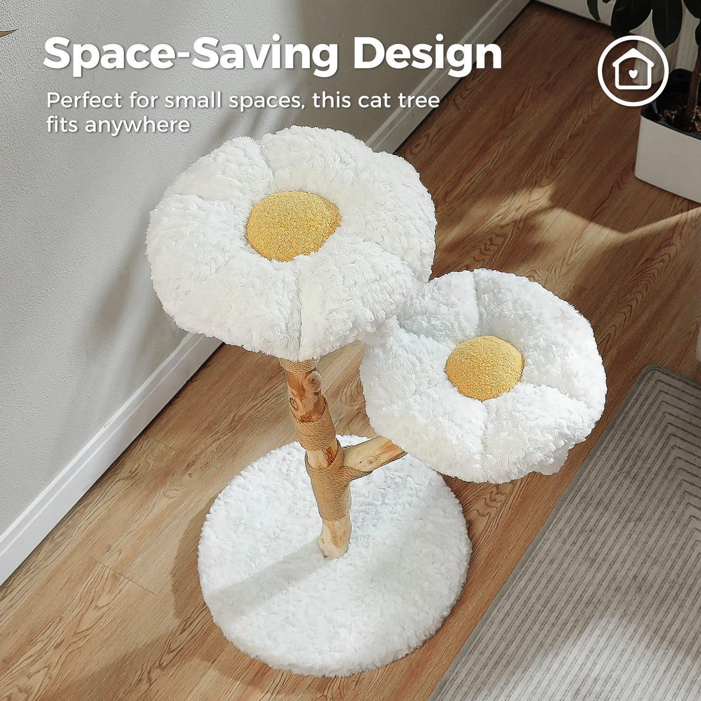 Solid Wood Cat Tree, Modern Cat Tower with Spacious Cat Condo, Flower Perches, Fun Pompom, Double Comfort Perfect for Indoor Kittens