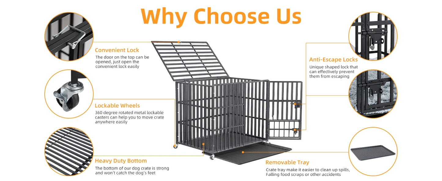 XXL Large Heavy Duty Dog Crate Strong Pet Cage Tear Resistant Square Tube Metal Kennel Playpen with Lockable Wheels and Tray
