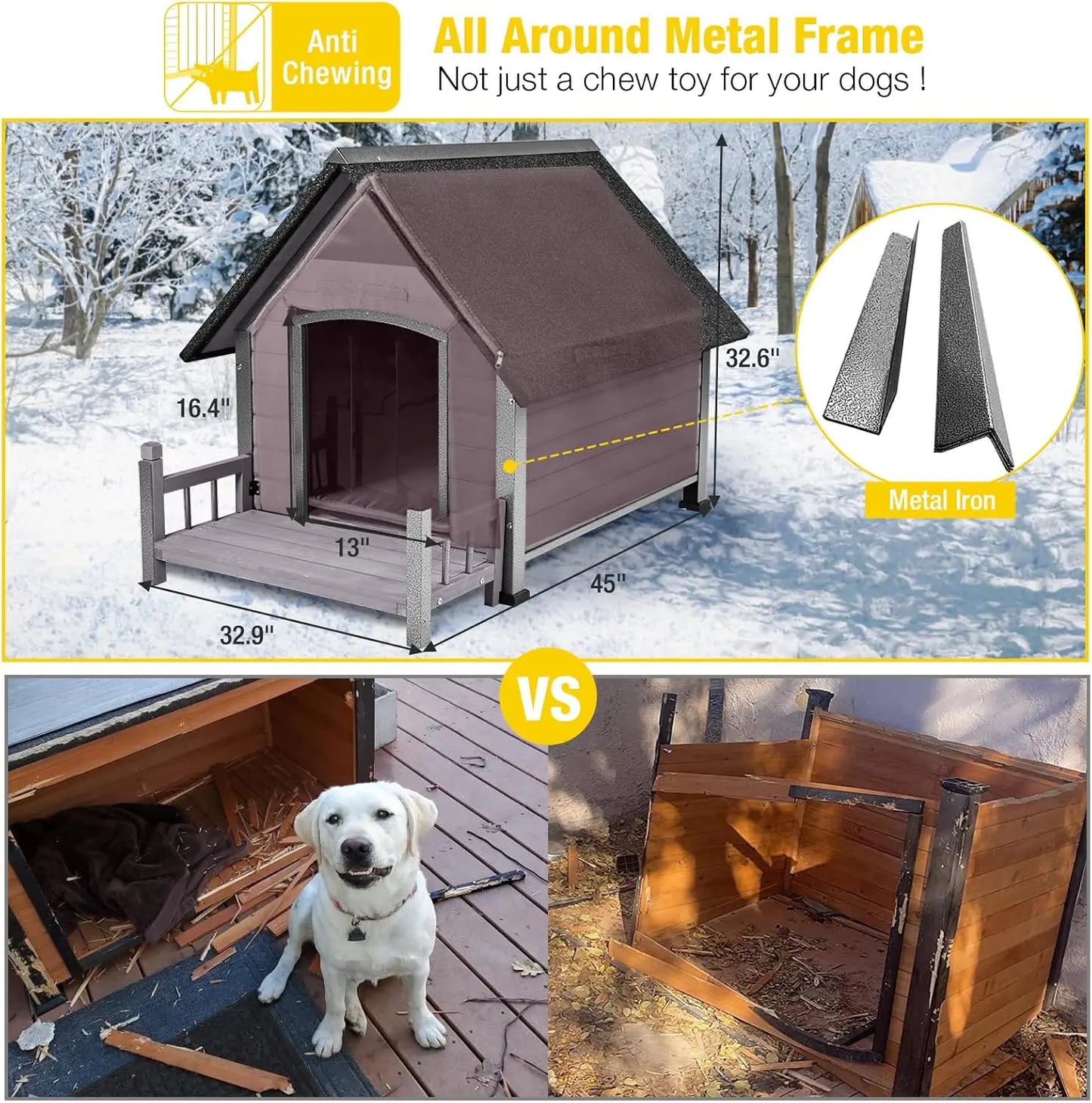 Dog House Outdoor with Metal Frame, Insulated Dog Kennel Outside for Small to Medium Breed, 45' Weatherproof Large Dog