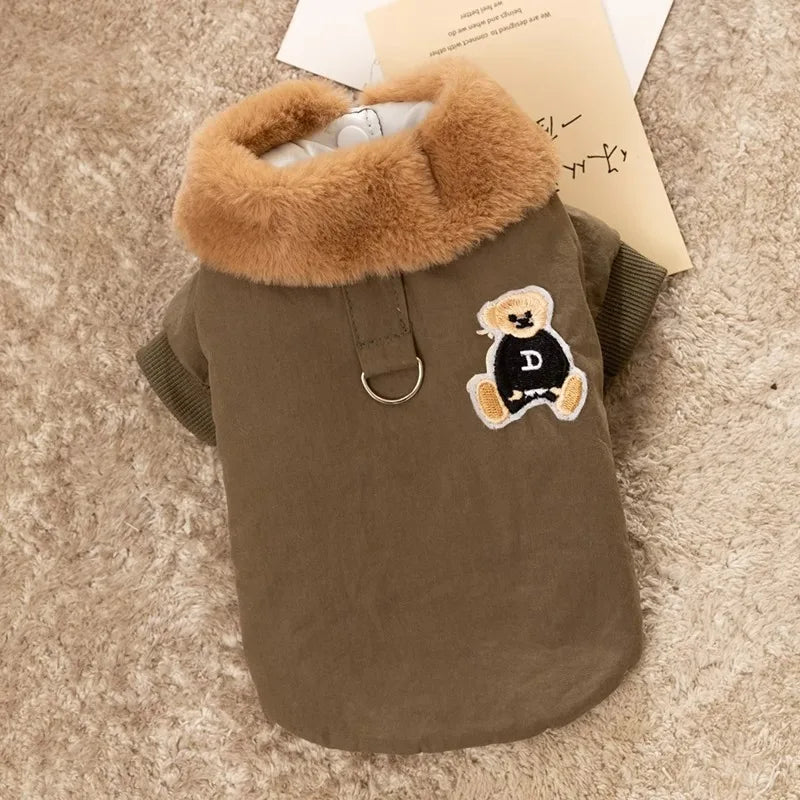 Winter Dog Clothes Luxury Bear Print Fur Collar Windproof Jacket, Chihuahua, Yorkies ,Warm Coat Puppy Outfit ,Clothing Pet Costume