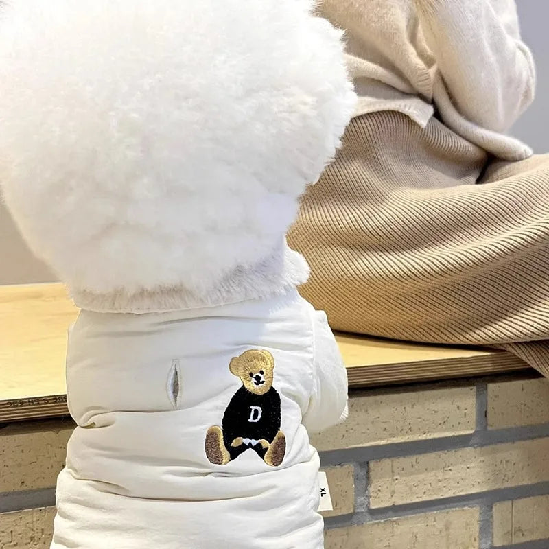 Winter Dog Clothes Luxury Bear Print Fur Collar Windproof Jacket, Chihuahua, Yorkies ,Warm Coat Puppy Outfit ,Clothing Pet Costume