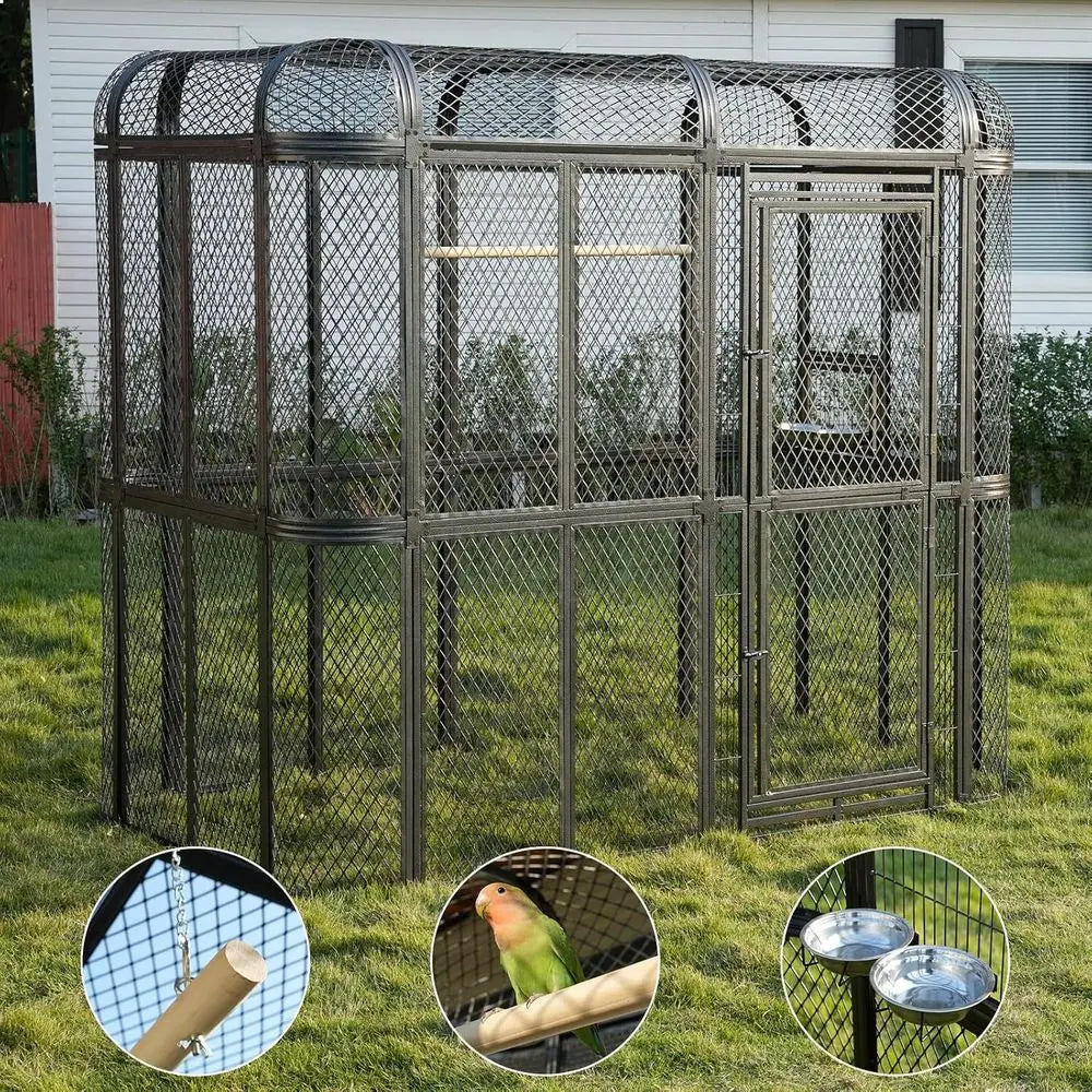 Outdoor Parrot Cage, 6.4x3.87x5.91ft, Silver, for Macaw, Budgie, Conure, Lovebird, Parakeet, Cockatiel. Heavy Duty