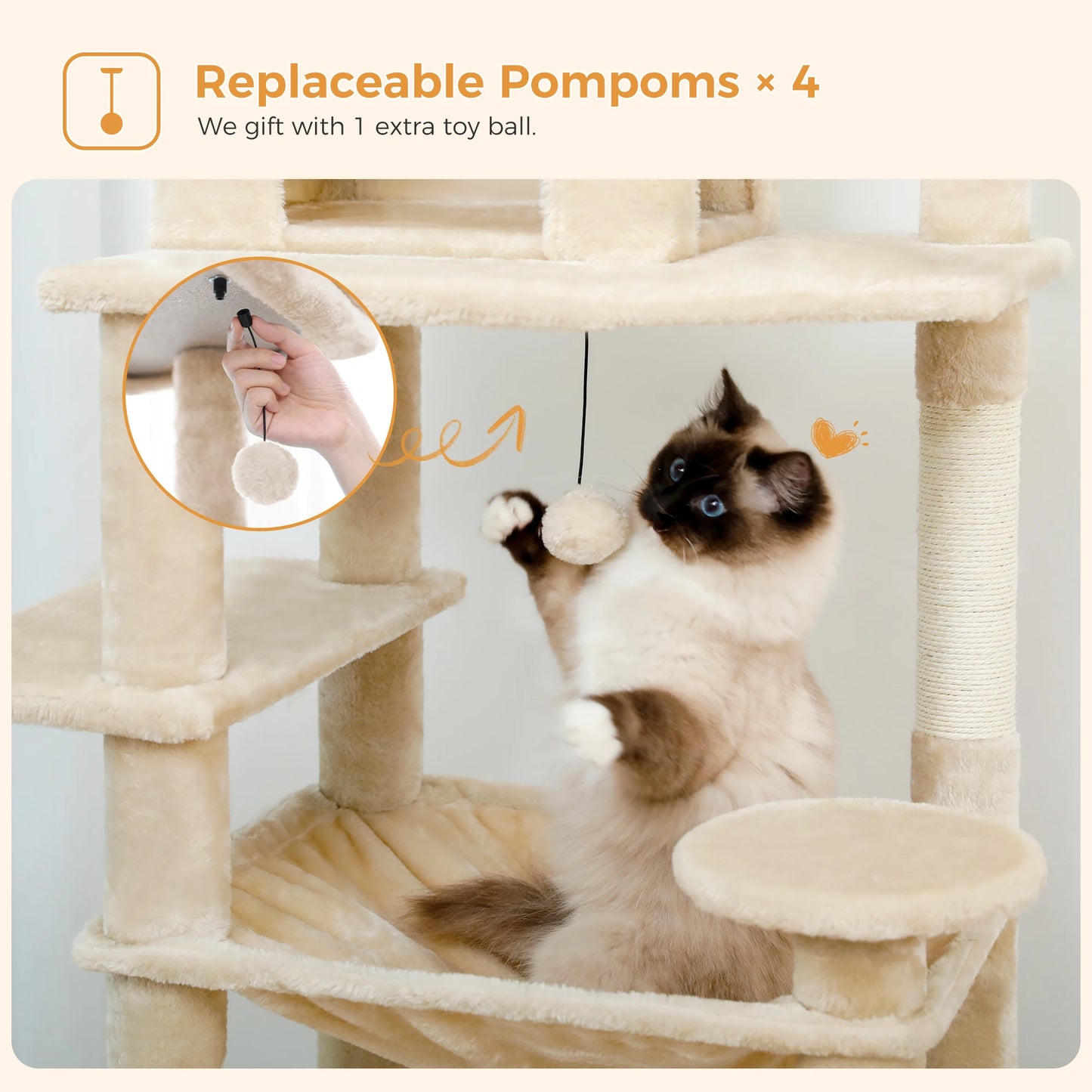 Multi-Level Cat Tree Tower with Scratching Posts &  Board , Hammock, Cat Condo, Spacious Top Perch,Dangling Balls for Indoor Cats