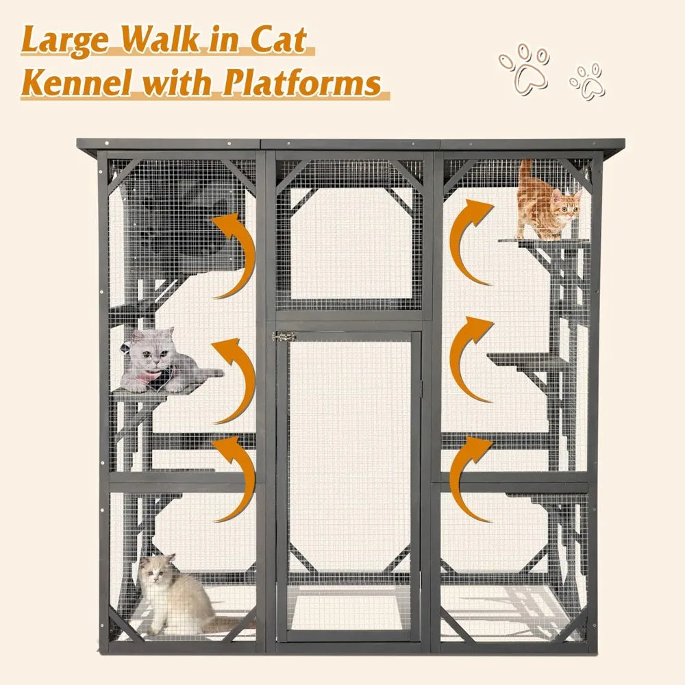 Catio Wooden, Cat Enclosure Large Outdoor Cat House with Weatherproof, Cat Cage Condo Indoor Playpen with Platform