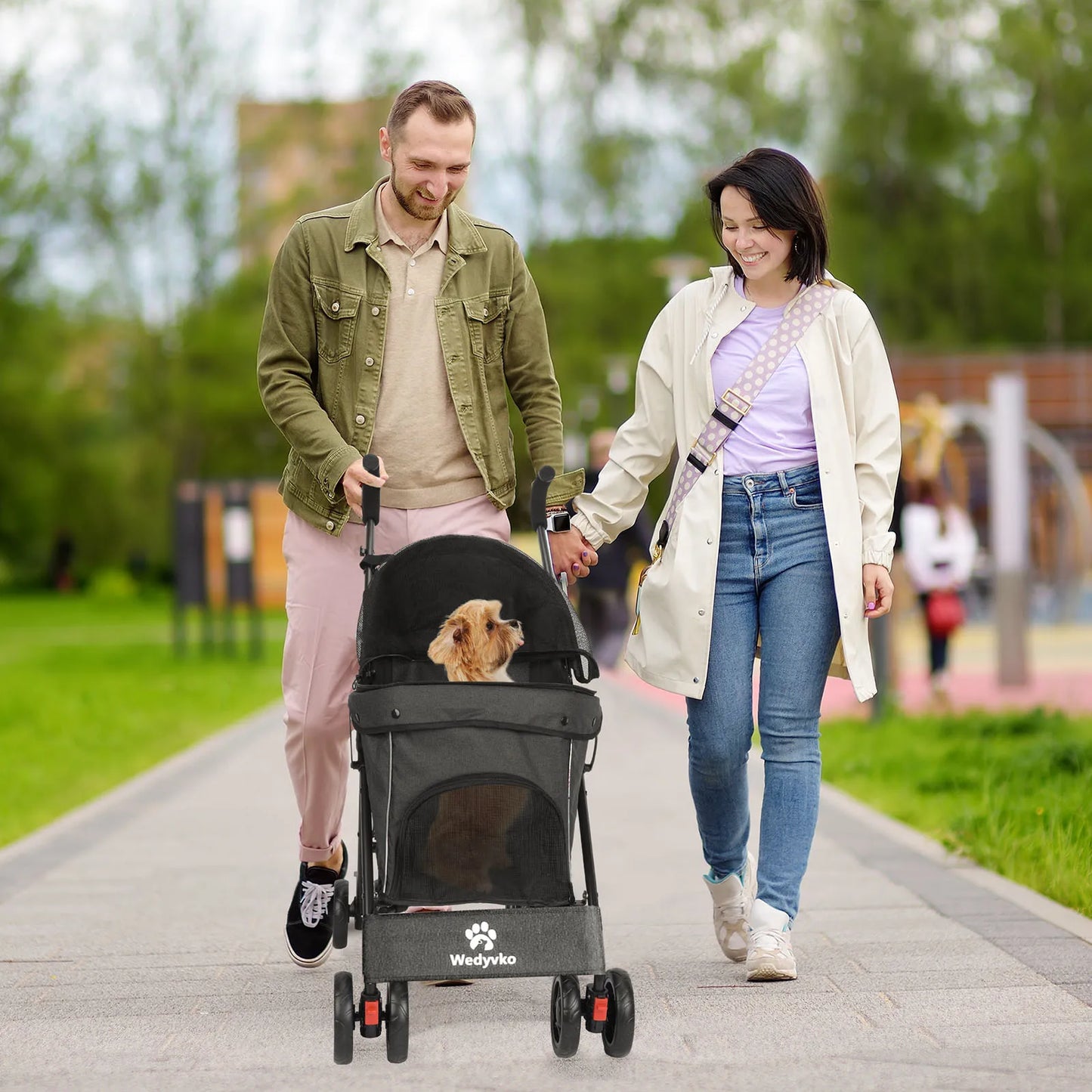 Wedyvko Pet Dog Stroller 4 Wheels, Puppy Stroller Rotate with Brakes Storage for Dogs Cats