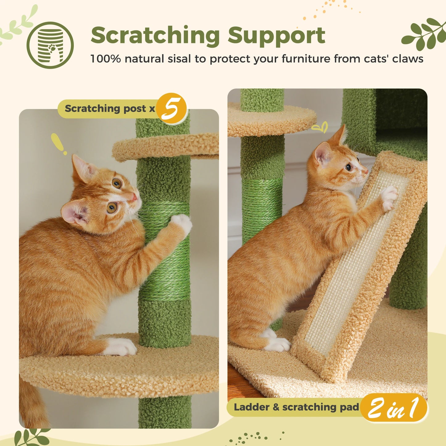 Height Adjustable Wooden Cat Tree with Large Hammock, Sisal Scratching Posts ,Floor to Ceiling Cat Tower ,Cozy Cat Condo for Indoor