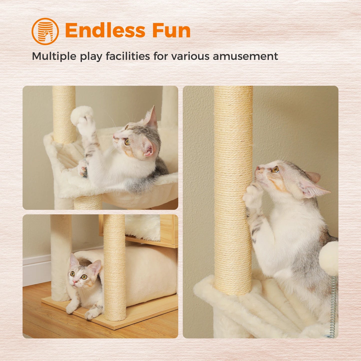 Height Adjustable Wooden Cat Tree with Large Hammock, Sisal Scratching Posts ,Floor to Ceiling Cat Tower ,Cozy Cat Condo for Indoor