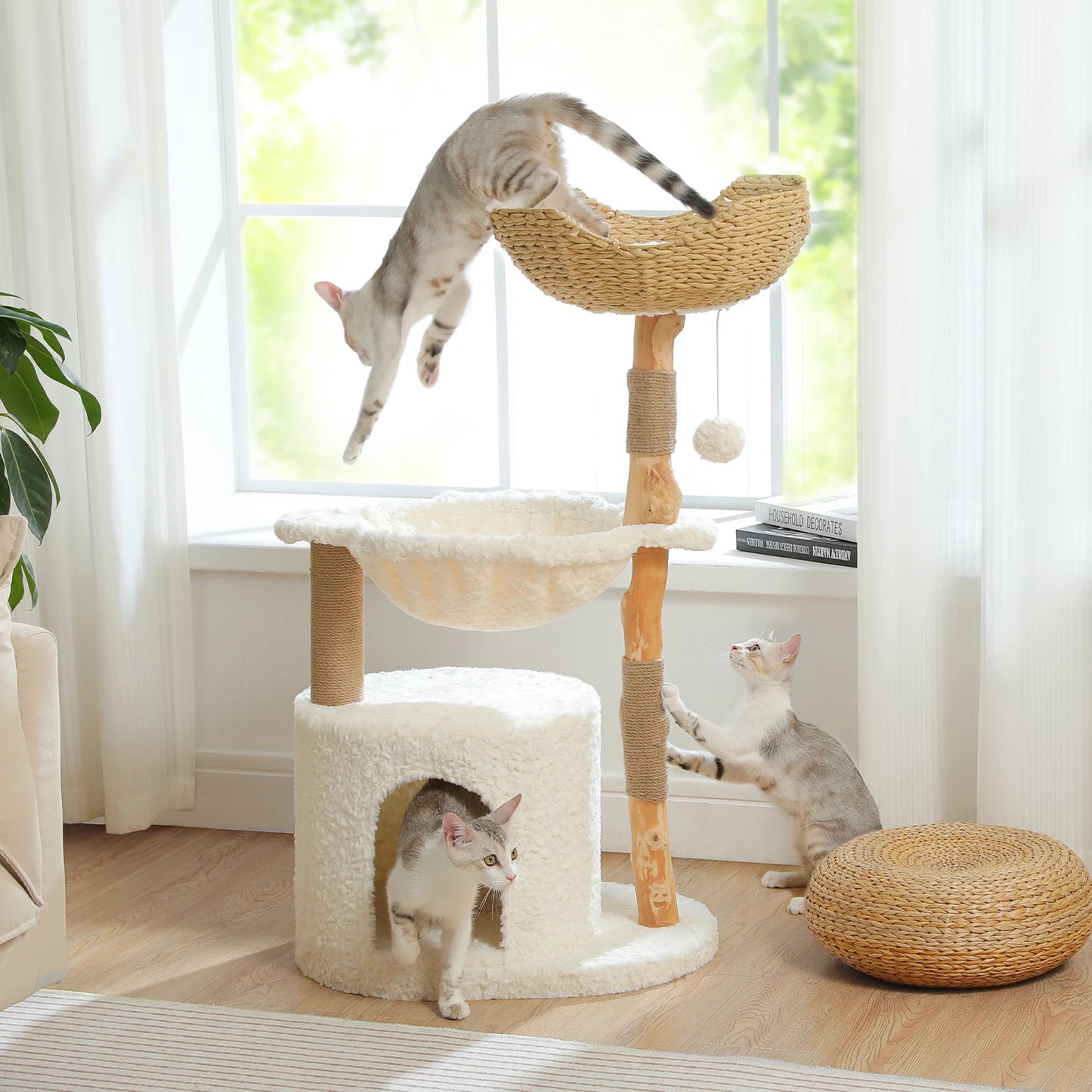 Solid Wood Cat Tree, Modern Cat Tower with Spacious Cat Condo, Flower Perches, Fun Pompom, Double Comfort Perfect for Indoor Kittens