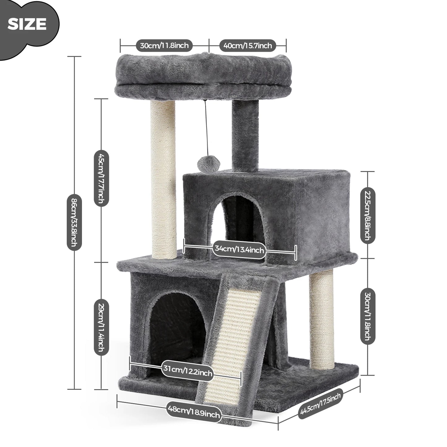 Small Cat Tree Tower with Scratching Pad, Two Large Condos, Cat Scratching Post for Indoor, Kitten House Bed, Cat Accessories