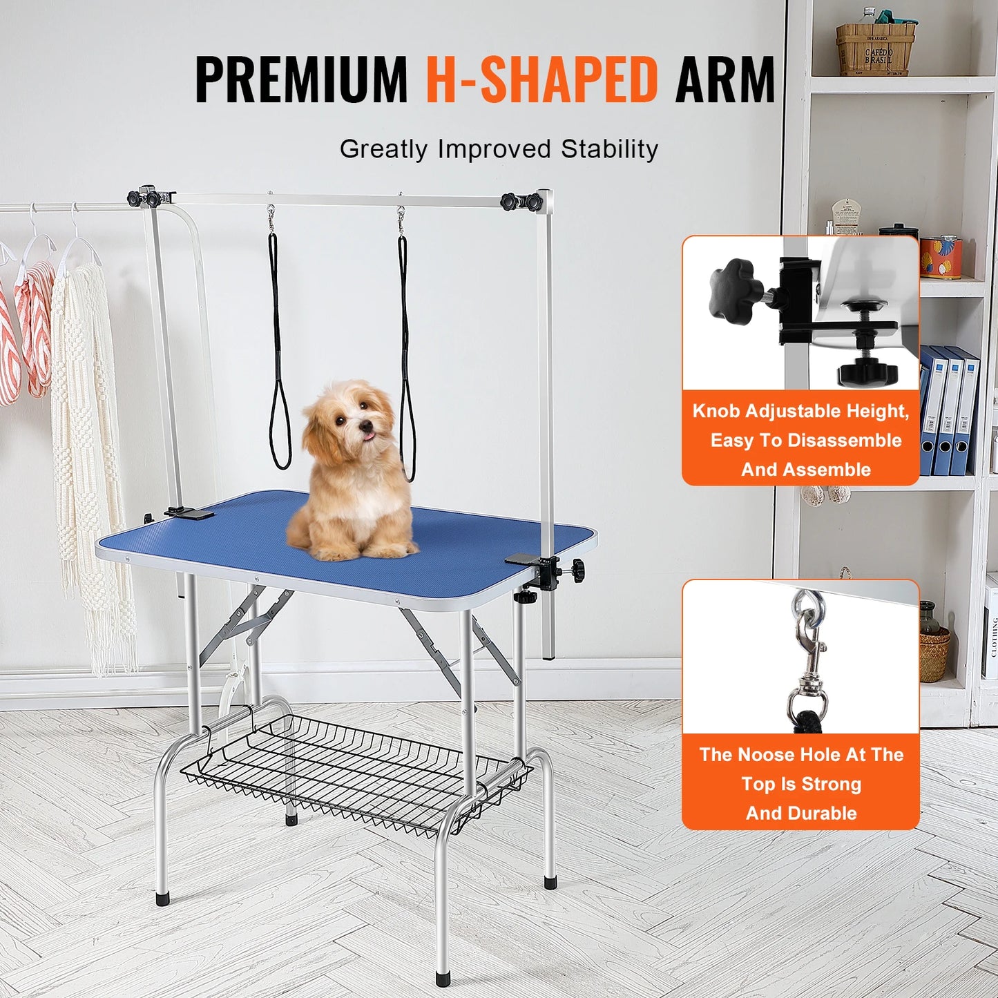 Pet Grooming Table Two Arms with Clamp, Dog Grooming Station Foldable Stand for Medium Small Dogs with Grooming Loop