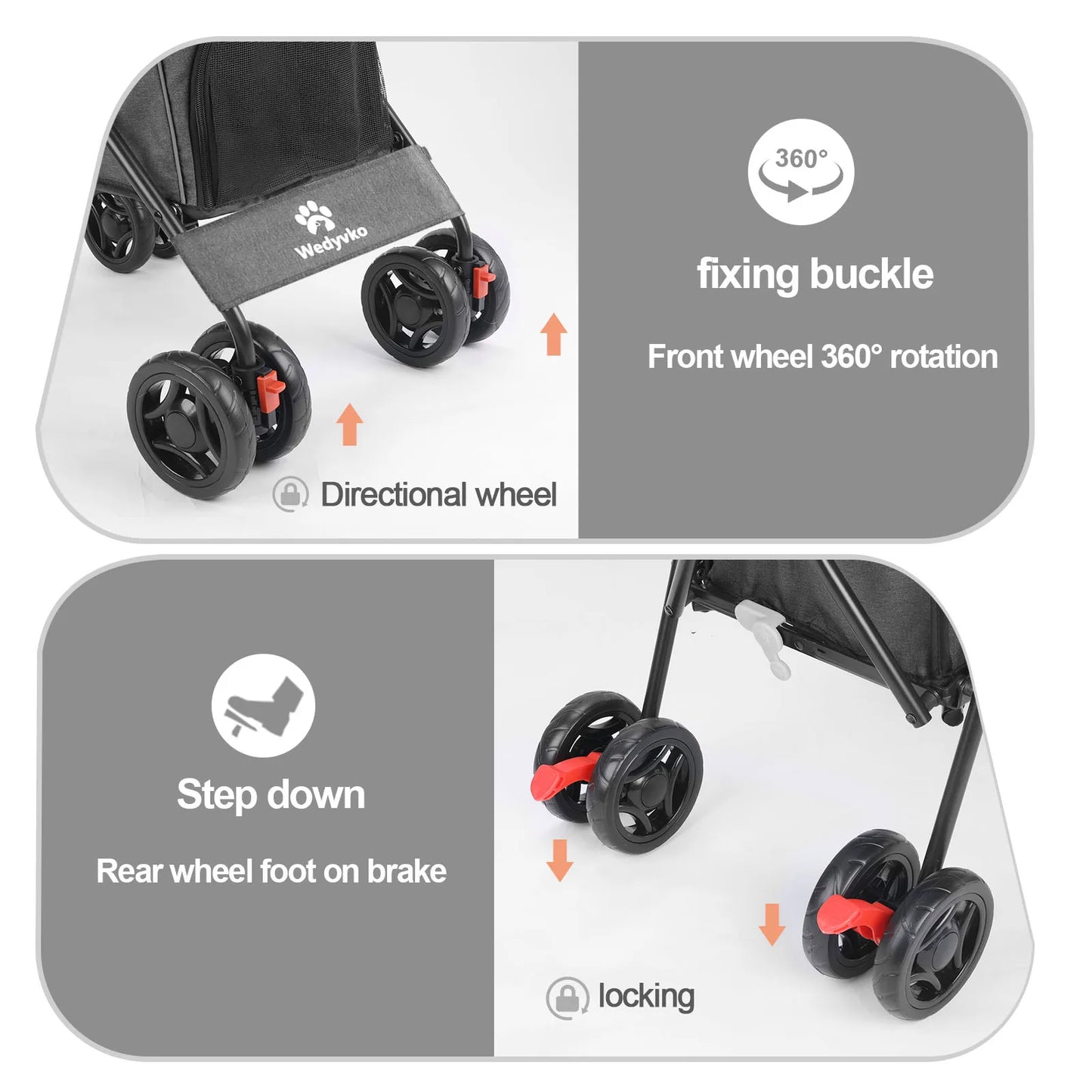 Wedyvko Pet Dog Stroller 4 Wheels, Puppy Stroller Rotate with Brakes Storage for Dogs Cats