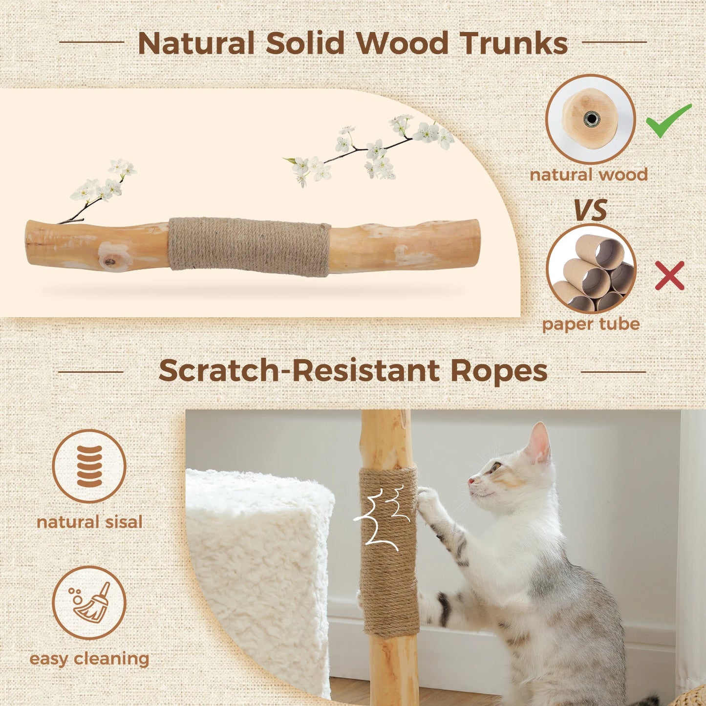 Solid Wood Cat Tree, Modern Cat Tower with Spacious Cat Condo, Flower Perches, Fun Pompom, Double Comfort Perfect for Indoor Kittens
