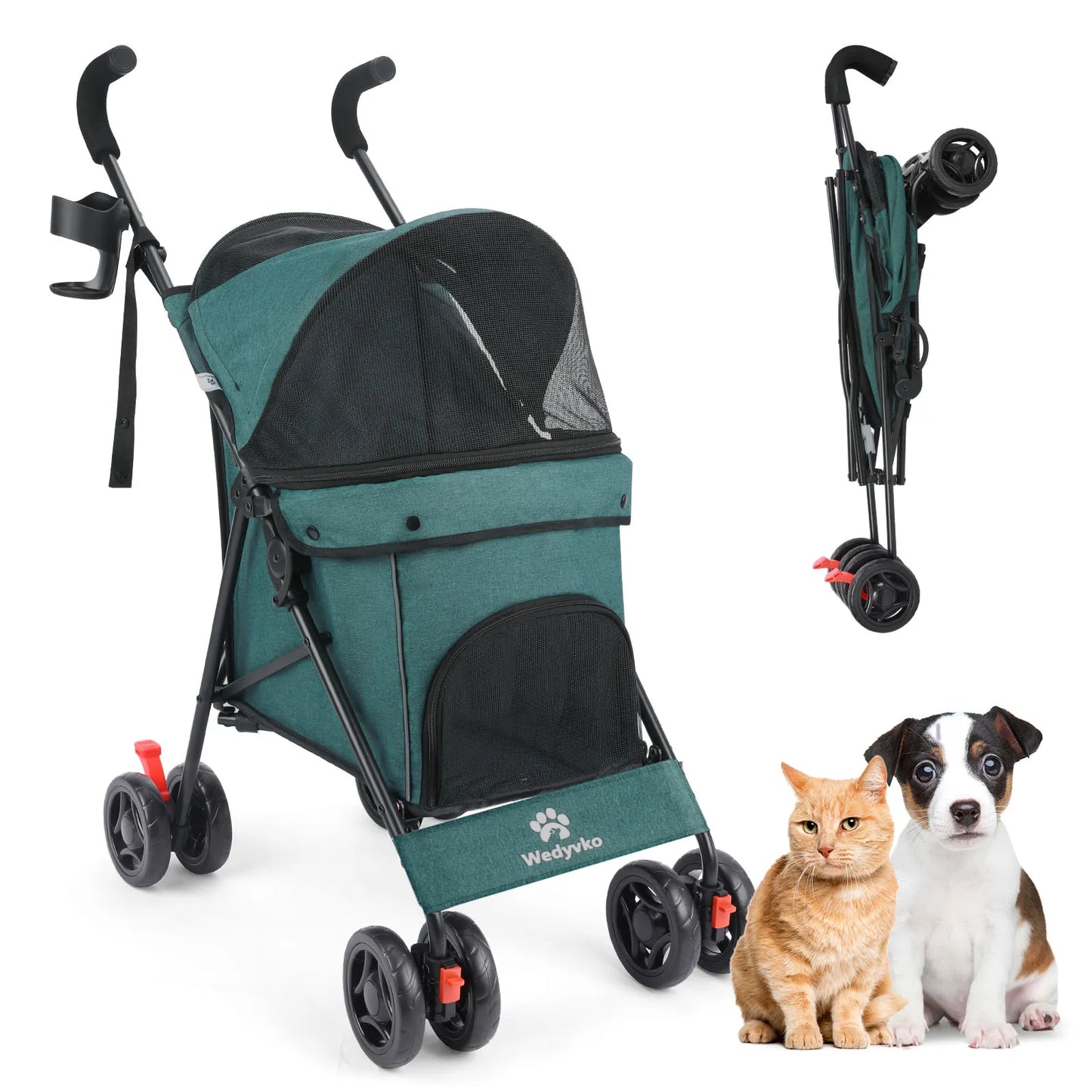 Wedyvko Pet Dog Stroller 4 Wheels, Puppy Stroller Rotate with Brakes Storage for Dogs Cats