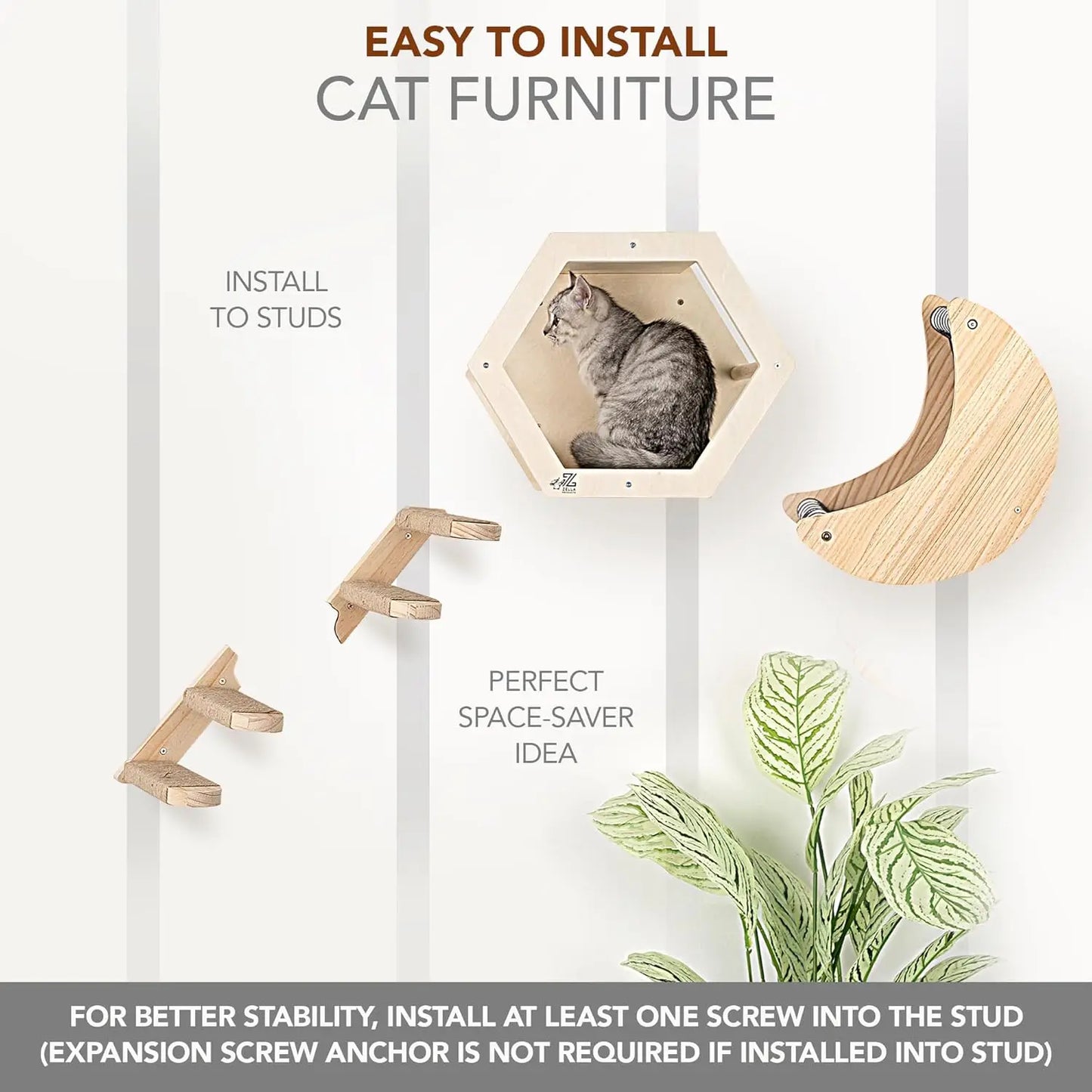 3-Piece Cat Wall Furniture Set - Hammock, Hexagon House, ClimSteps - Wall Mounted Shelves, Perches, and Beds - Modern Design