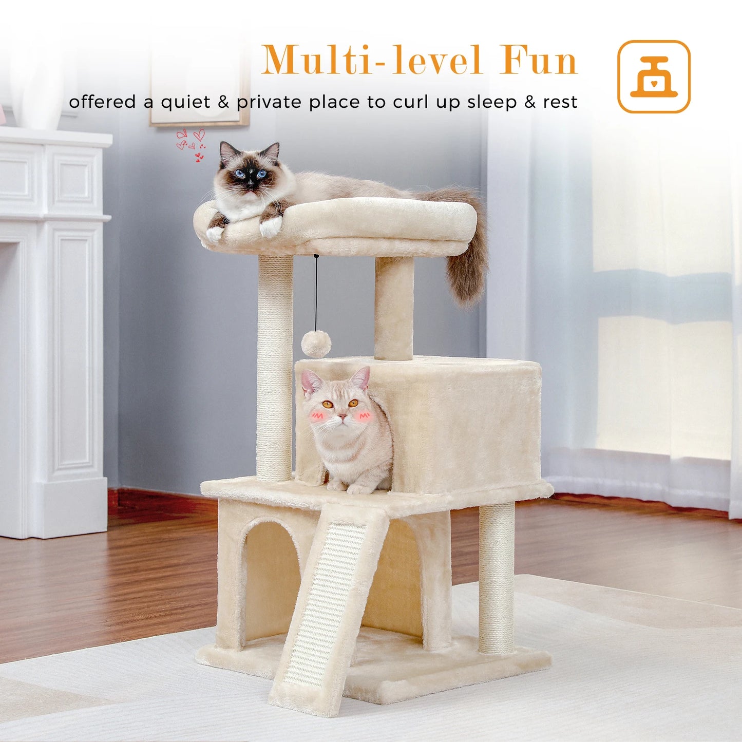 Small Cat Tree Tower with Scratching Pad, Two Large Condos, Cat Scratching Post for Indoor, Kitten House Bed, Cat Accessories