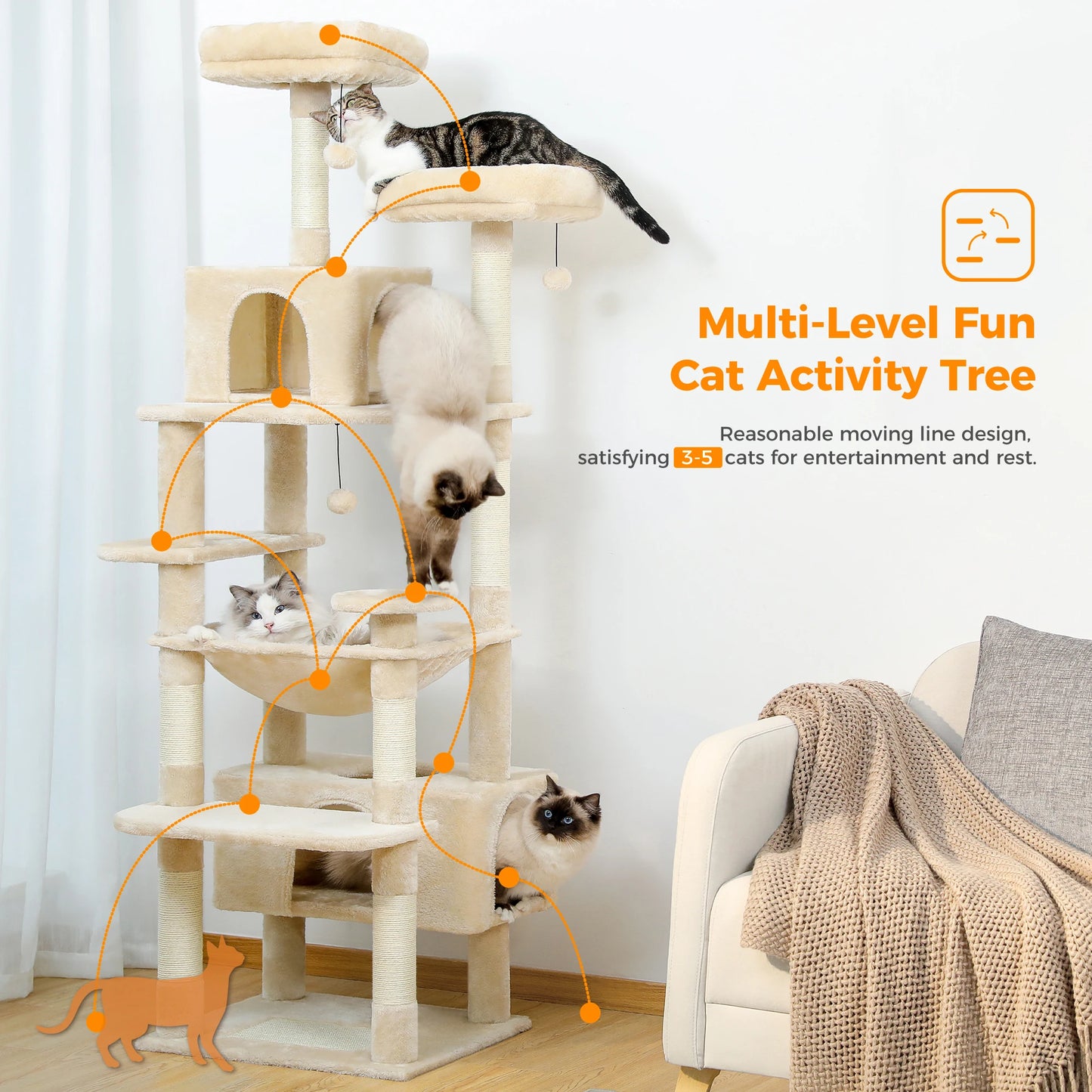 Multi-Level Cat Tree Tower with Scratching Posts &  Board , Hammock, Cat Condo, Spacious Top Perch,Dangling Balls for Indoor Cats