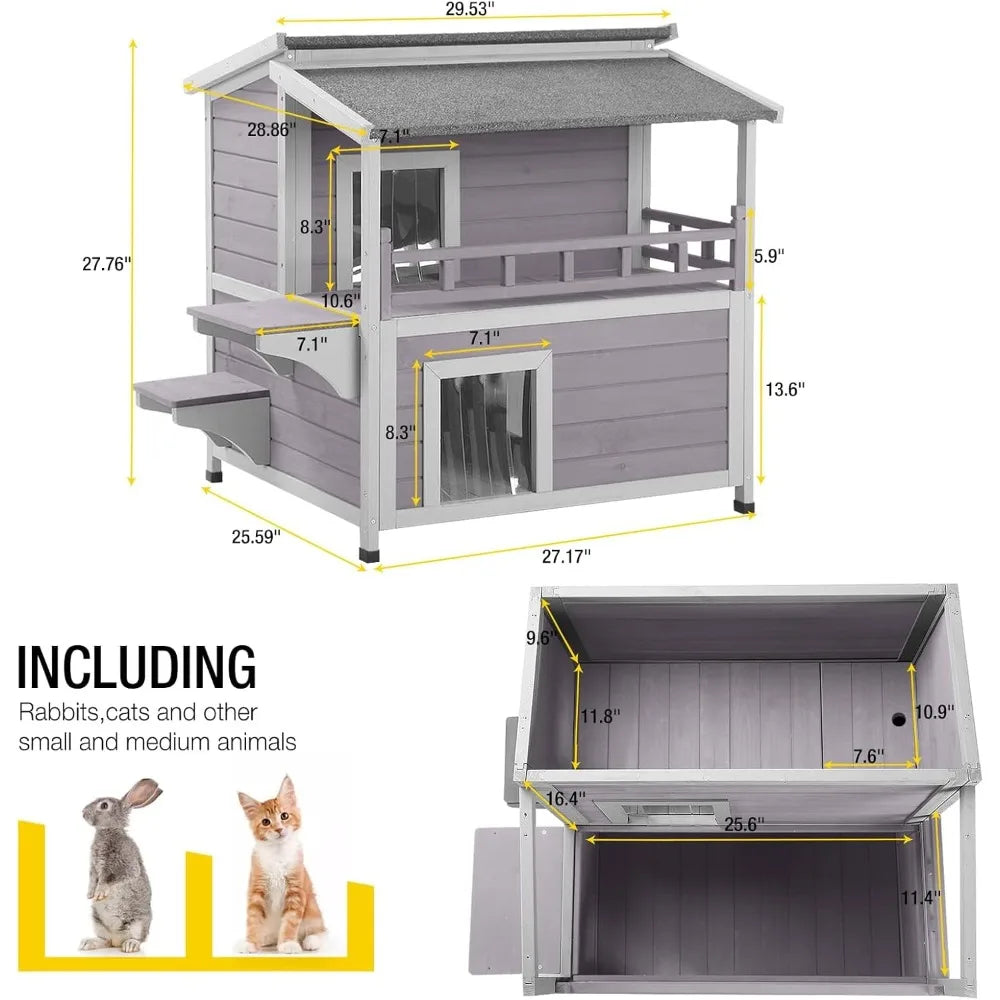 Outdoor Feral Cat House Wooden Kitty Shelter with Large Balcony, Escape Door, Waterproof