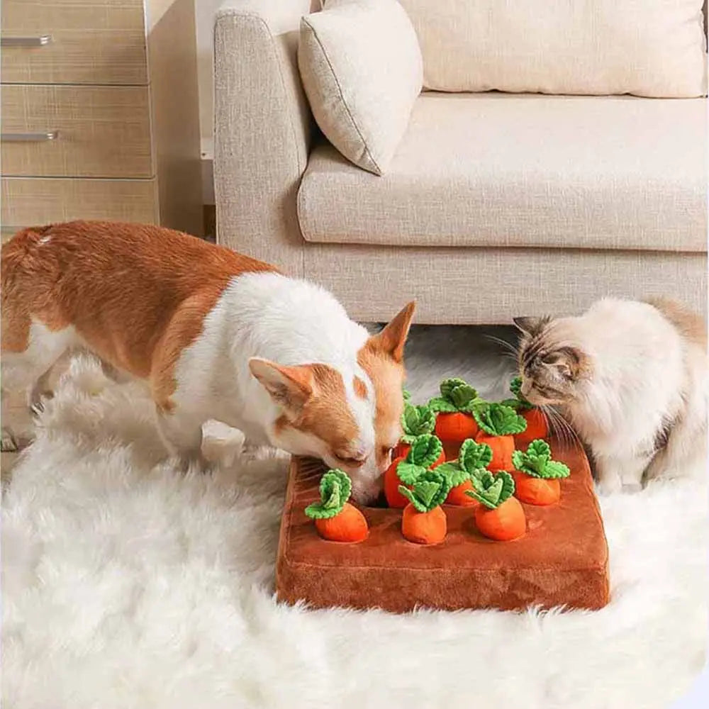 Plush carrot dog reinforced puzzle toy for interactive play, mental stimulation and foraging carrot patch dog puzzle toy