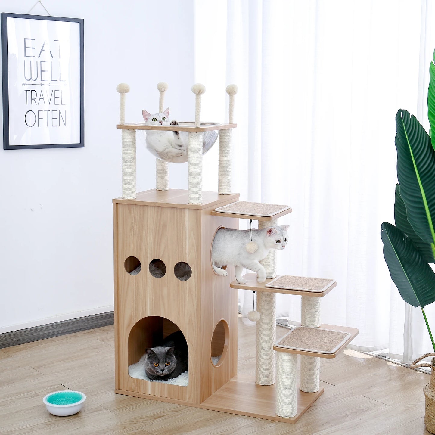 Multi-Level Cat Tree for Indoor Wood Cat , Tower with Scratching Posts Spacious Condo, Hammock Top Perch Cat Scratcher