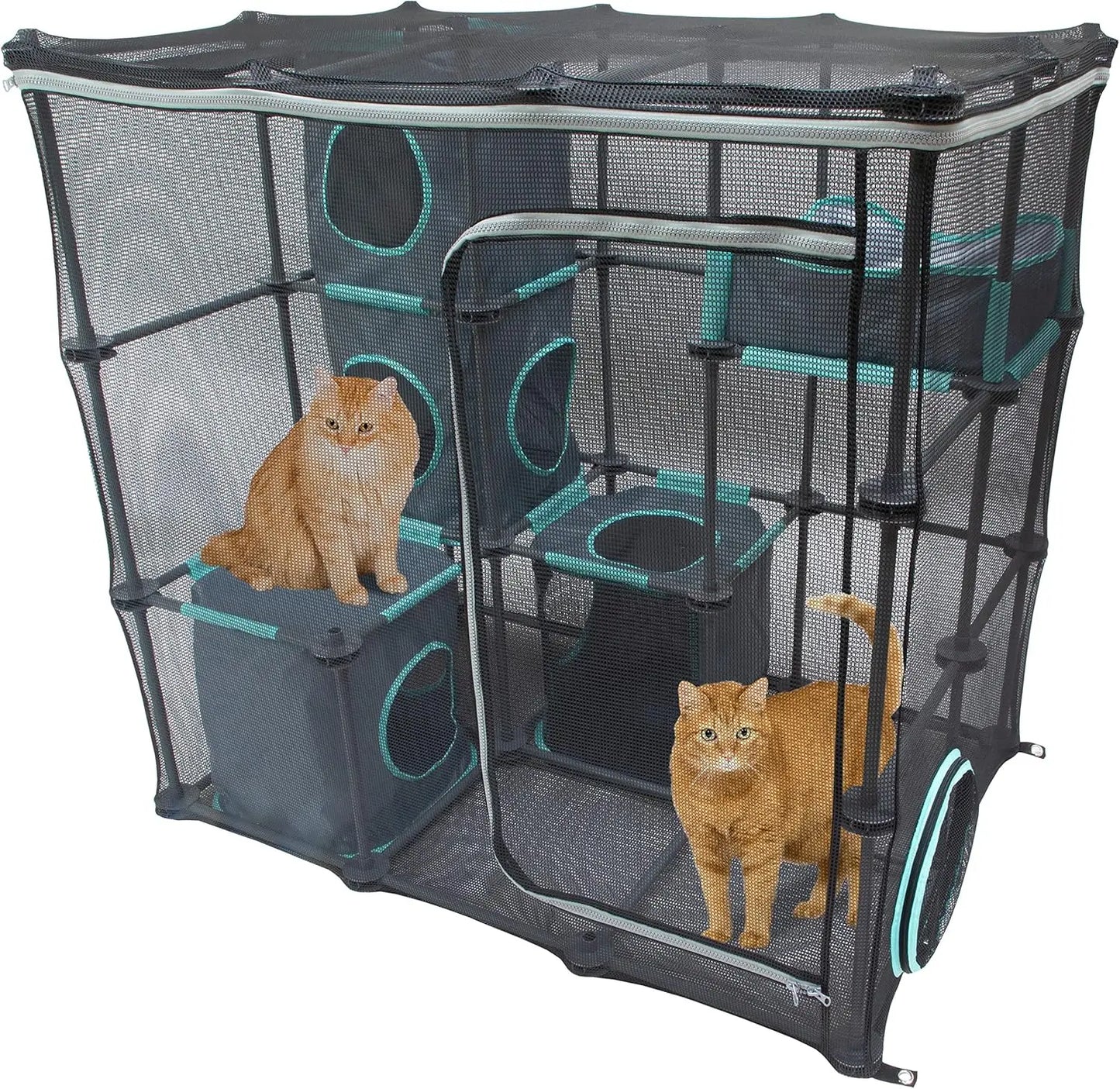 Outdoor Cat Enclosure Kit with Elevated Platform and Multiple Play Zones for Cats, Durable Weatherproof Design for Garden