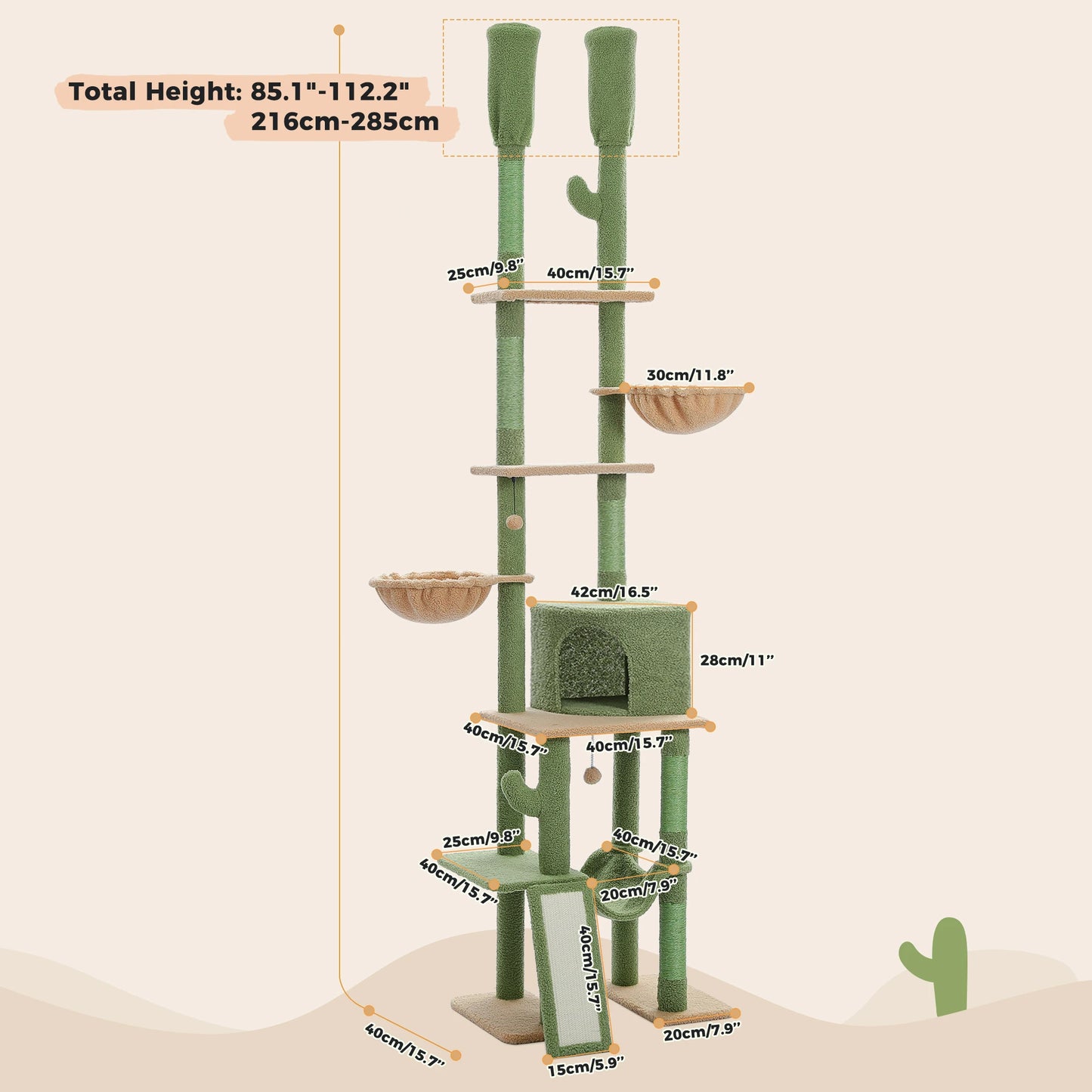 Cactus Cat Tree Floor to Ceiling, Cat Tower 7 Tiers, Cat Climbing Tree with Cozy Hammocks and Condos 5 Platforms, Scratching Posts