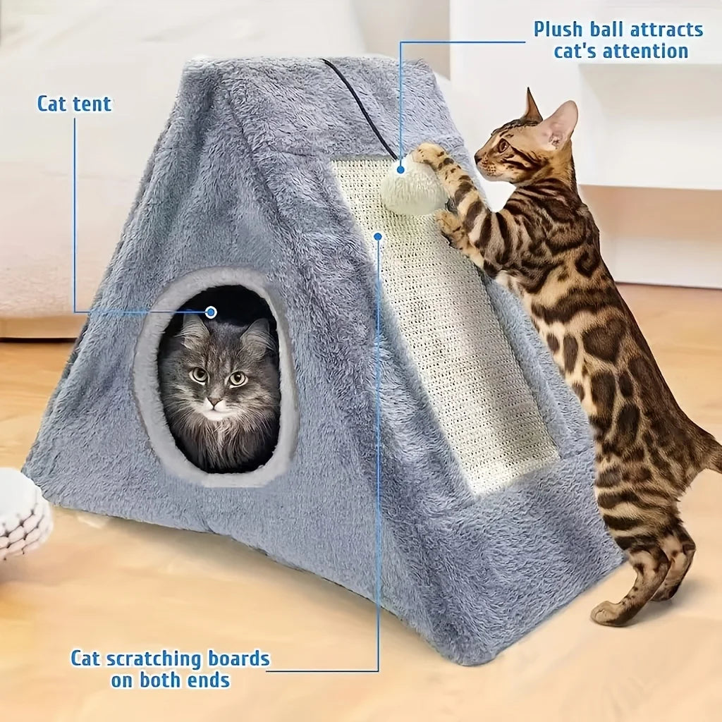 Pet bed suitable for cats under 15 pounds, with plush toy ball and cat scratching board