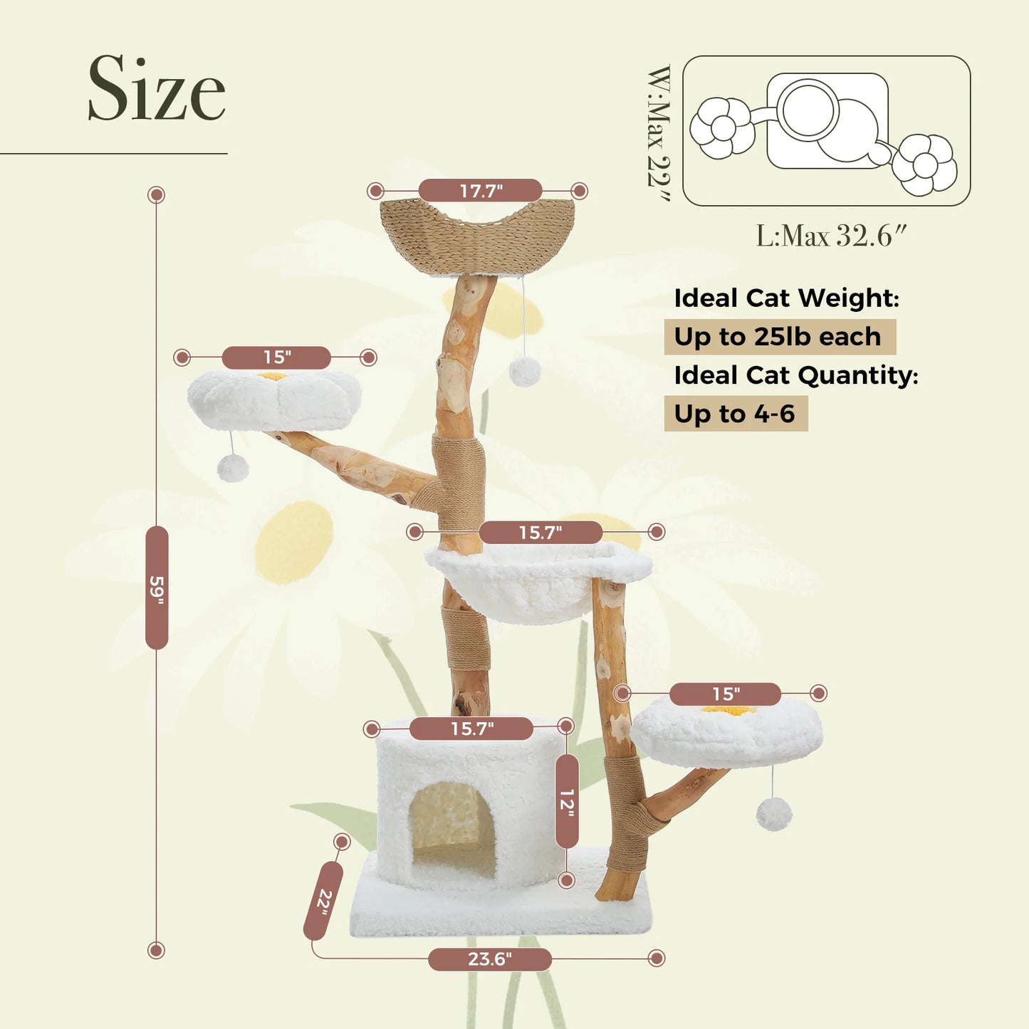 Solid Wood Cat Tree, Modern Cat Tower with Spacious Cat Condo, Flower Perches, Fun Pompom, Double Comfort Perfect for Indoor Kittens