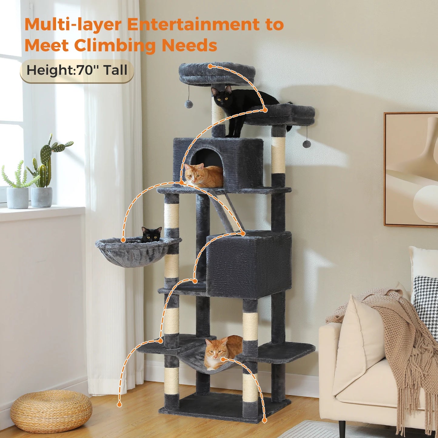 Tall Cat Tree with Scratching Posts Cozy Hammock Top Perch Multi-Level Large Cat Tower Spacious Cat Condo for Indoor Cat Toys