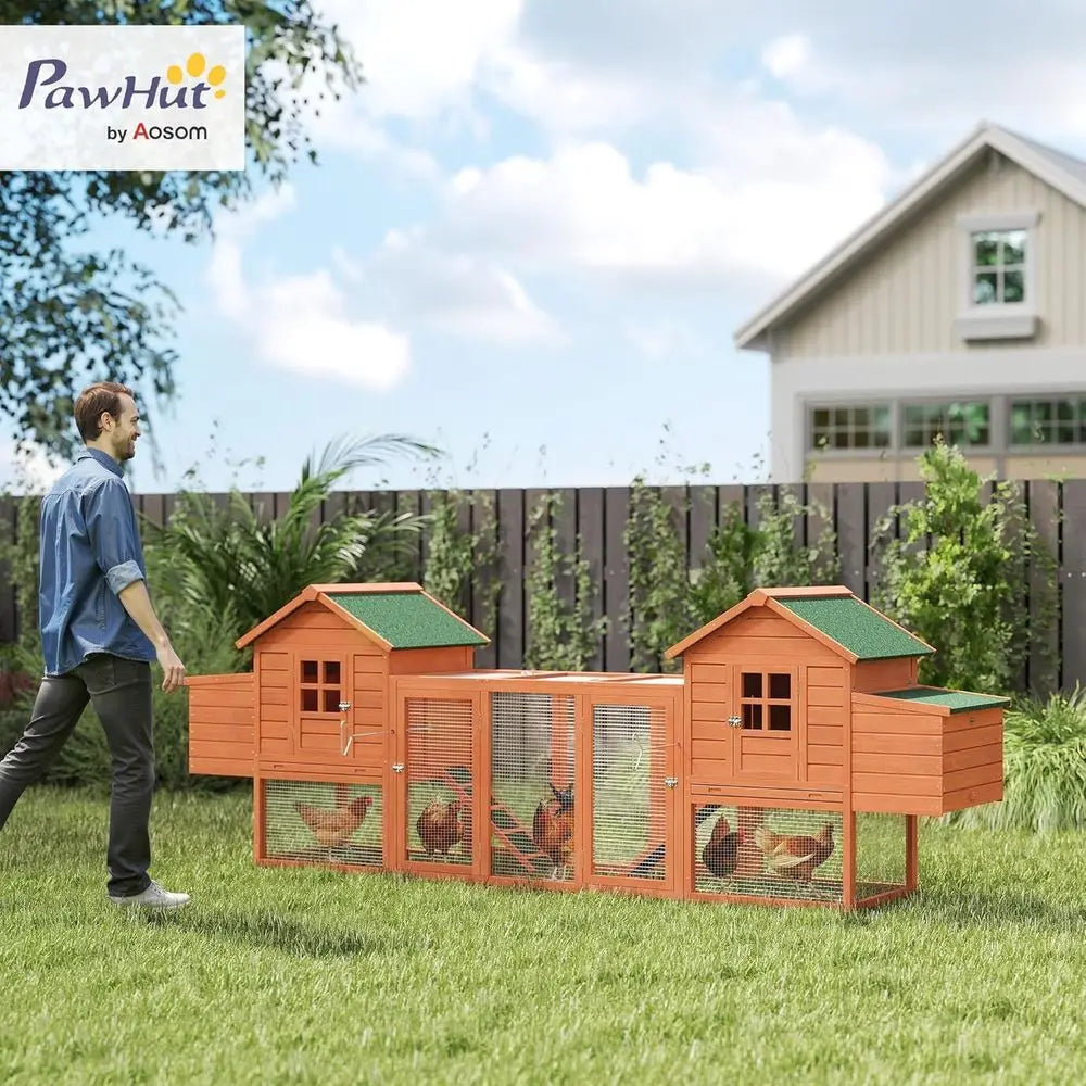 Wooden Chicken Coop, Large Dual-Deck  with Garden Bed, Nesting Boxes, Removable Trays, and Ramps for Backyard, 123L x 27.5W x 42.5