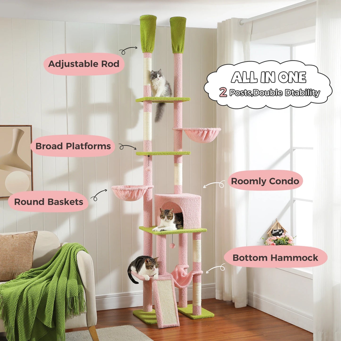 Cactus Cat Tree Floor to Ceiling, Cat Tower 7 Tiers, Cat Climbing Tree with Cozy Hammocks and Condos 5 Platforms, Scratching Posts