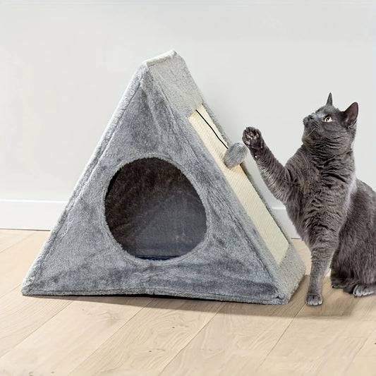 Pet bed suitable for cats under 15 pounds, with plush toy ball and cat scratching board