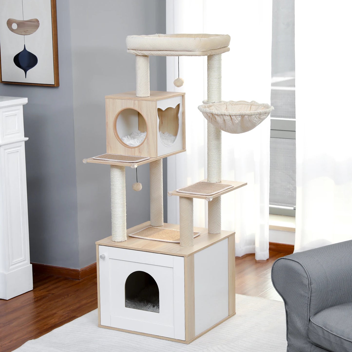 Multi-Level Cat Tree for Indoor Wood Cat , Tower with Scratching Posts Spacious Condo, Hammock Top Perch Cat Scratcher