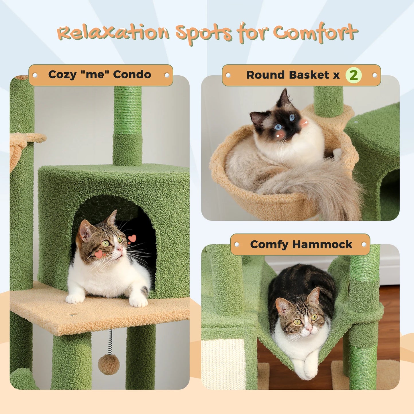 Cactus Cat Tree Floor to Ceiling, Cat Tower 7 Tiers, Cat Climbing Tree with Cozy Hammocks and Condos 5 Platforms, Scratching Posts