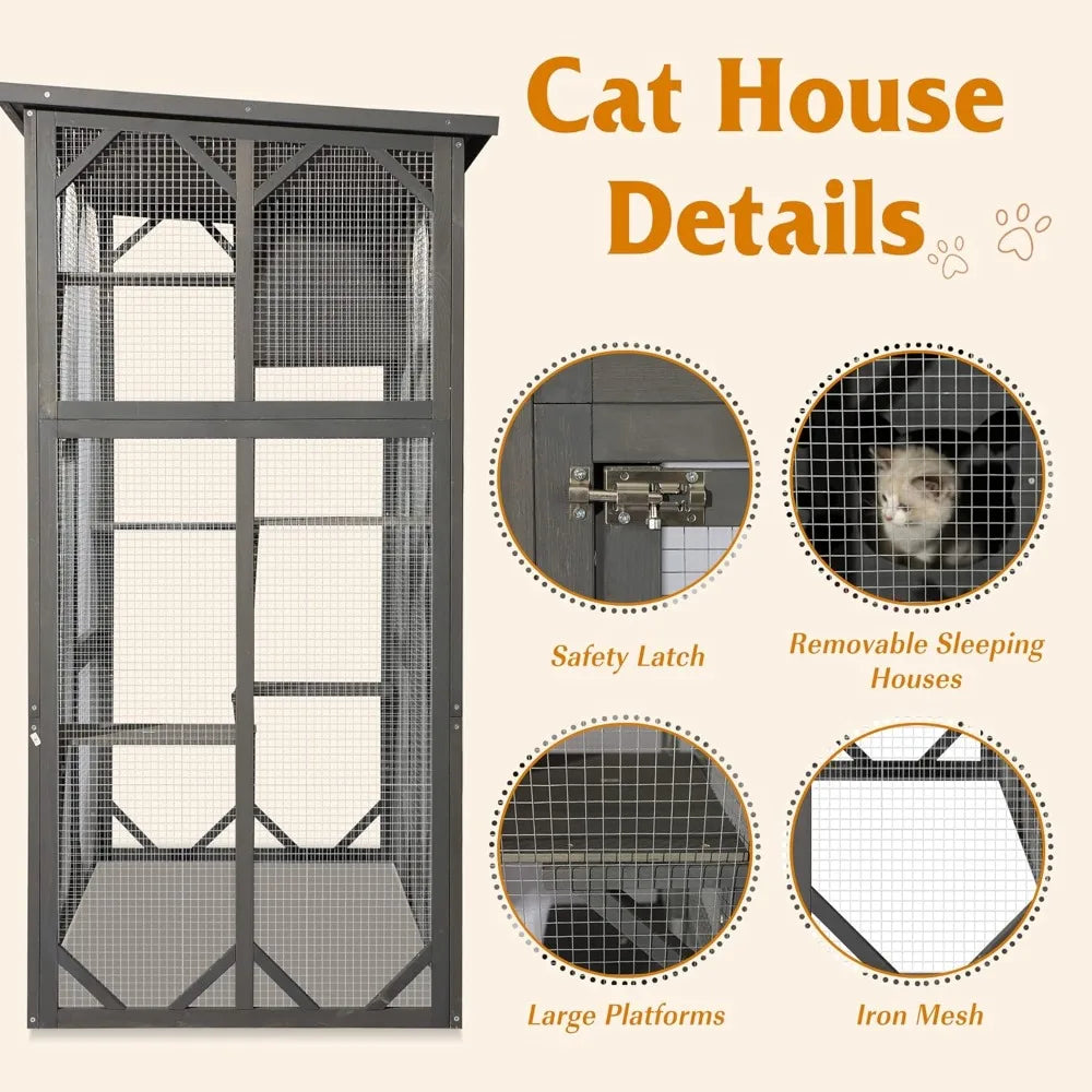Catio Wooden, Cat Enclosure Large Outdoor Cat House with Weatherproof, Cat Cage Condo Indoor Playpen with Platform