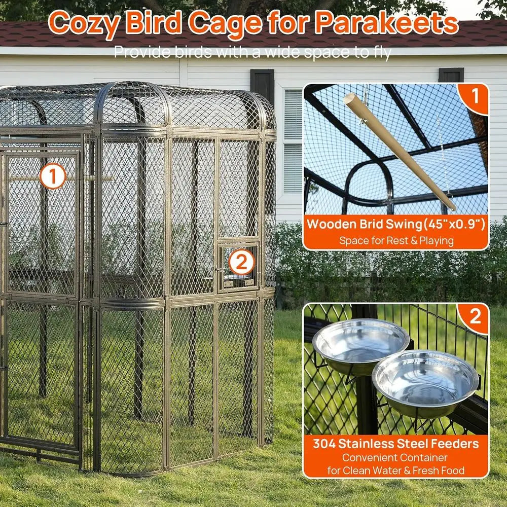 Outdoor Parrot Cage, 6.4x3.87x5.91ft, Silver, for Macaw, Budgie, Conure, Lovebird, Parakeet, Cockatiel. Heavy Duty