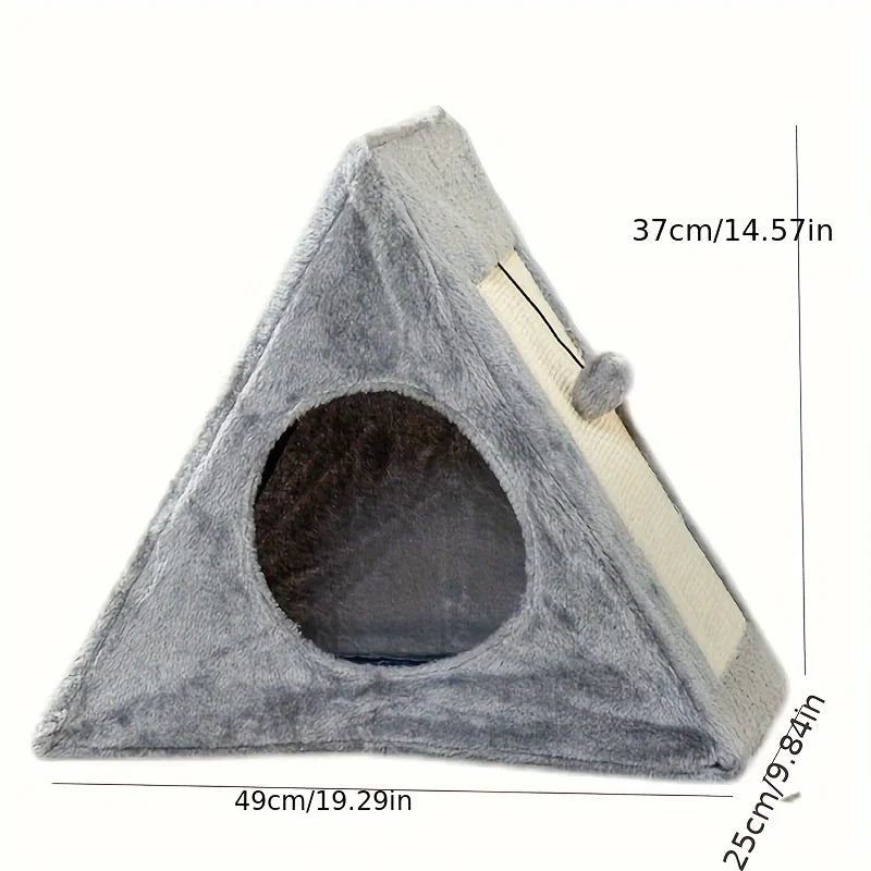 Pet bed suitable for cats under 15 pounds, with plush toy ball and cat scratching board