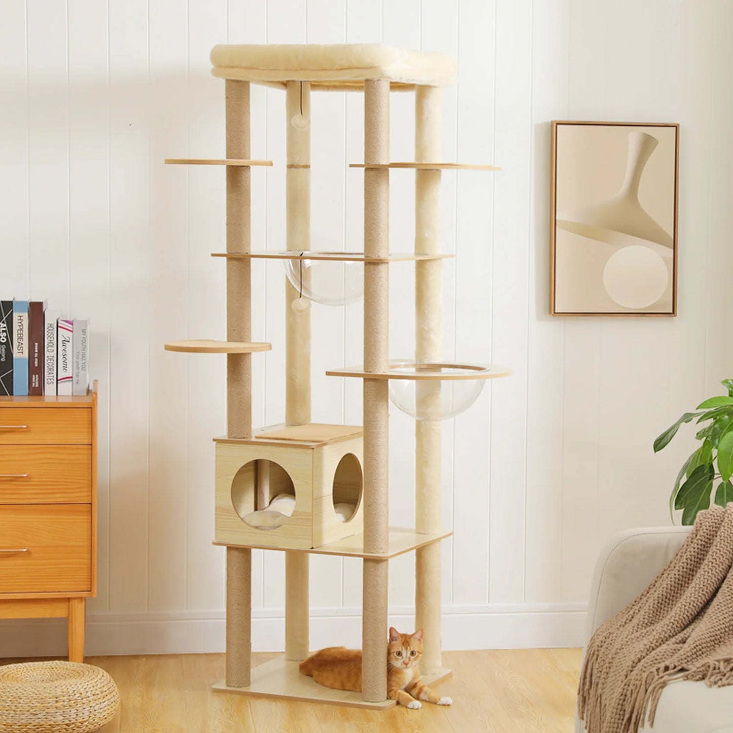 Multi-Level Cat Tree for Indoor Wood Cat , Tower with Scratching Posts Spacious Condo, Hammock Top Perch Cat Scratcher