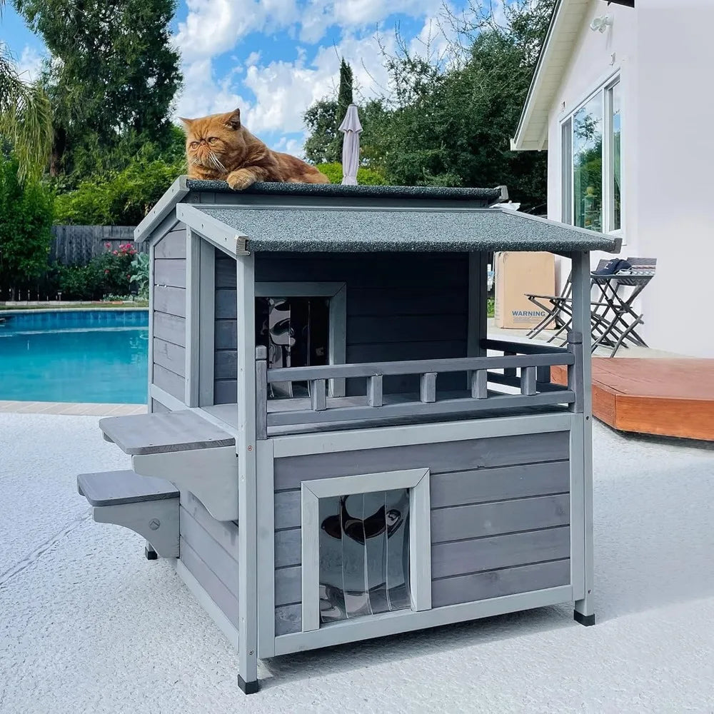 Outdoor Feral Cat House Wooden Kitty Shelter with Large Balcony, Escape Door, Waterproof