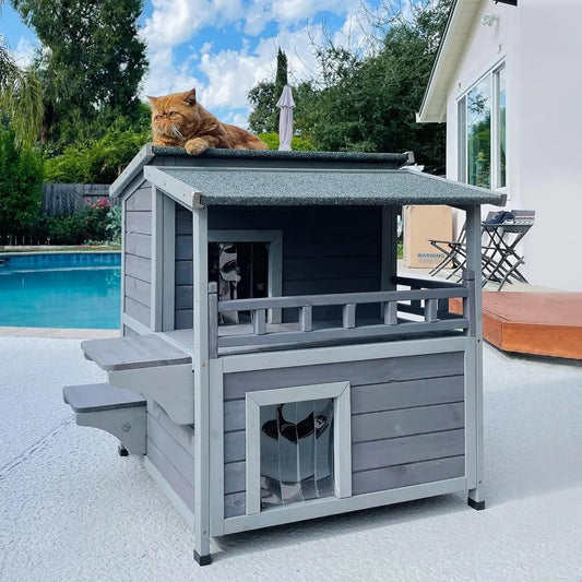 Outdoor Feral Cat House Wooden Kitty Shelter with Large Balcony, Escape Door, Waterproof