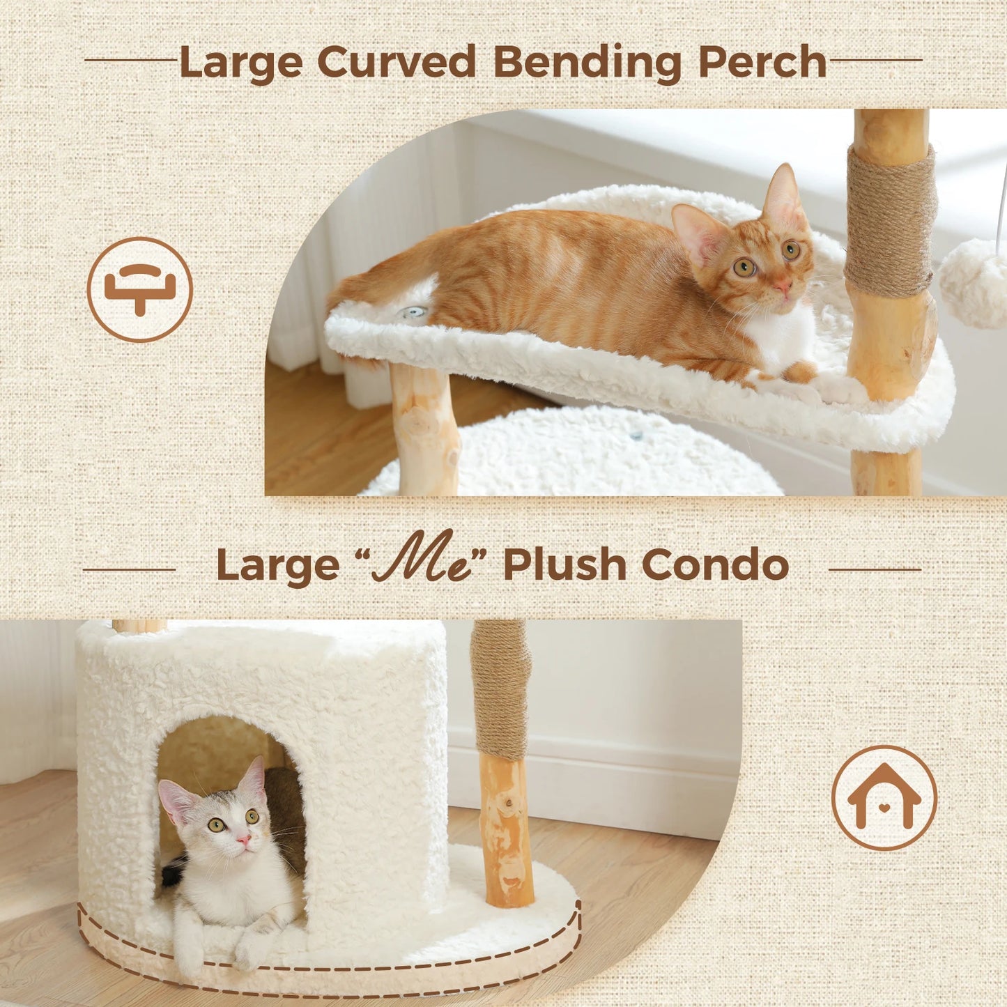 Solid Wood Cat Tree, Modern Cat Tower with Spacious Cat Condo, Flower Perches, Fun Pompom, Double Comfort Perfect for Indoor Kittens