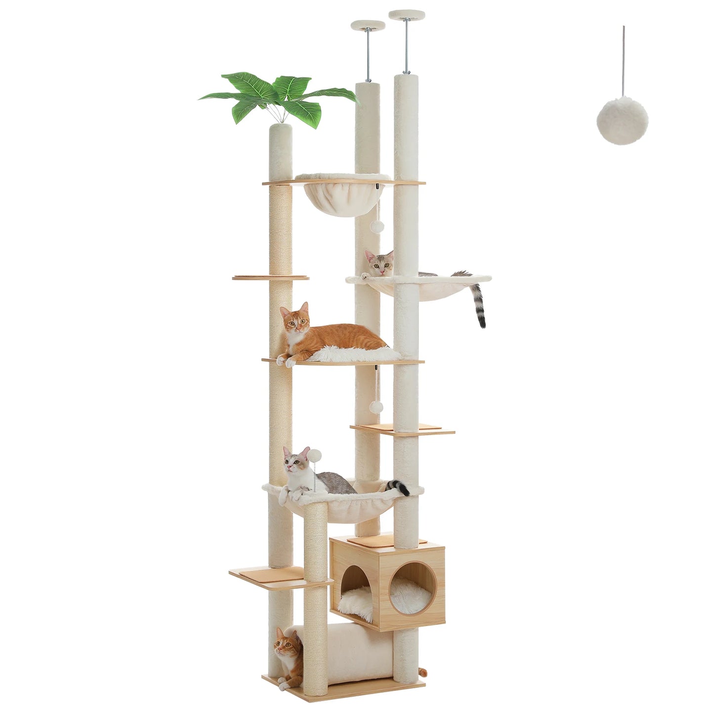 Height Adjustable Wooden Cat Tree with Large Hammock, Sisal Scratching Posts ,Floor to Ceiling Cat Tower ,Cozy Cat Condo for Indoor